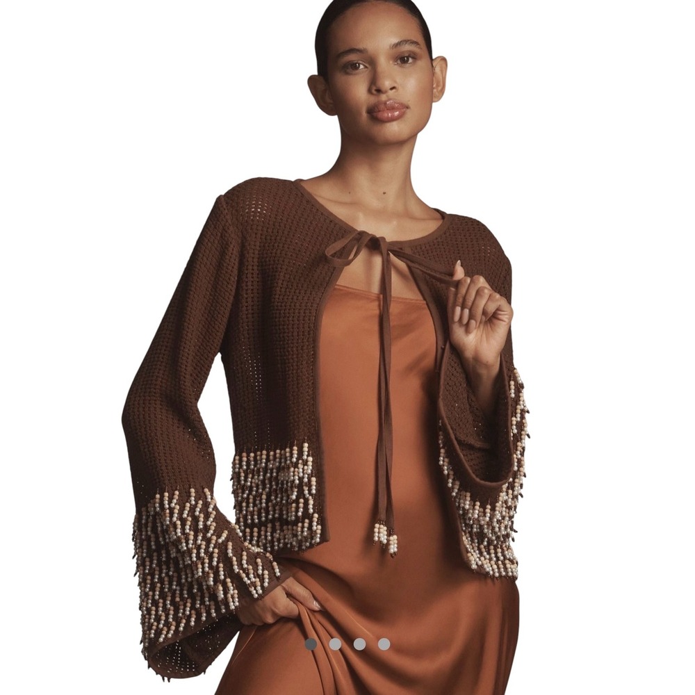 Anthropologie Ollari Brown Crochet Beaded Cardigan Bell Sleeve Tie Front M/L